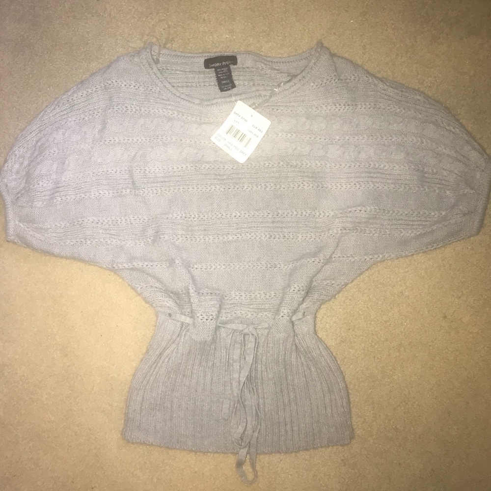 Heather gray dolman sleeve tie in front sweater